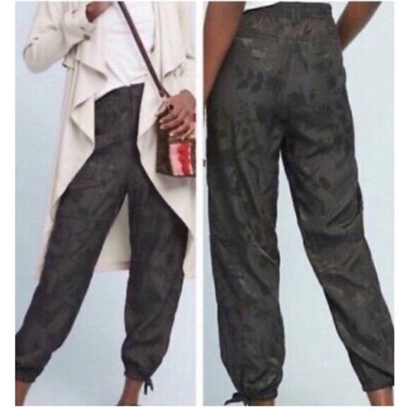 Anthropologie Satin Floral Embossed Tapered Leg Pants S Black - Picture 1 of 6